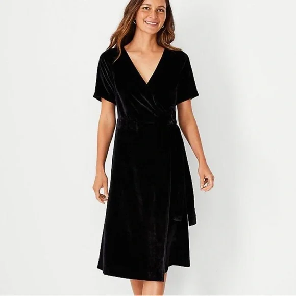 ann taylor black velvet dress Ann Taylor Velvet Dot Midi Dress Black Women's